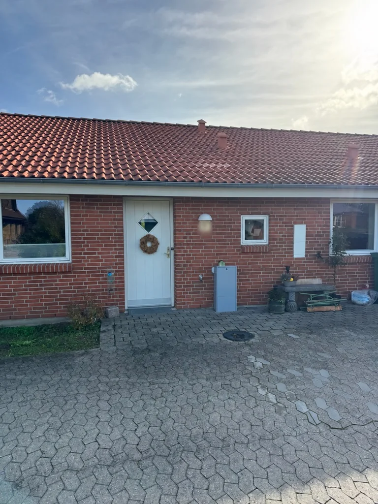 Vinduespudsning ved rækkehus i Årslev med vinduer og hoveddør på forsiden